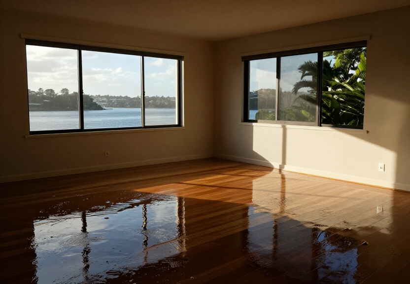 Flooded living room in Colyton home before restoration