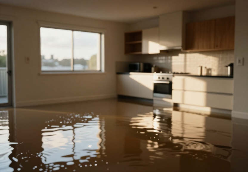 Flooded office space in Colyton before water extraction
